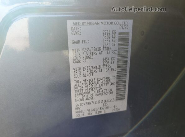 5N1DR2BN7LC628423 2020 NISSAN PATHFINDER Blue VIN sticker view
