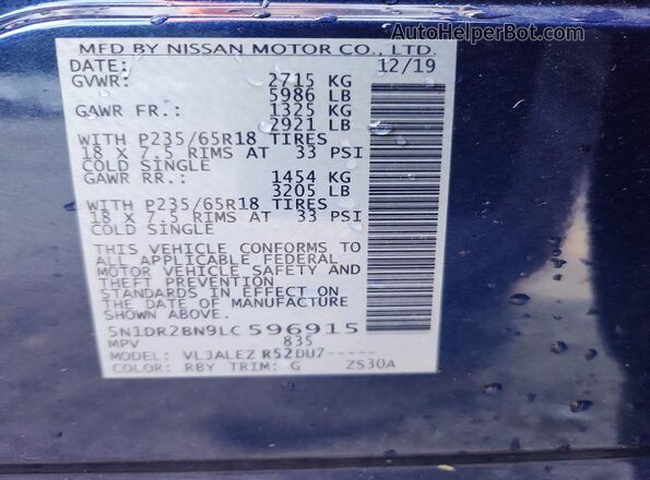 5N1DR2BN9LC596915 2020 NISSAN PATHFINDER Blue VIN კოდის სტიკერის ხედი