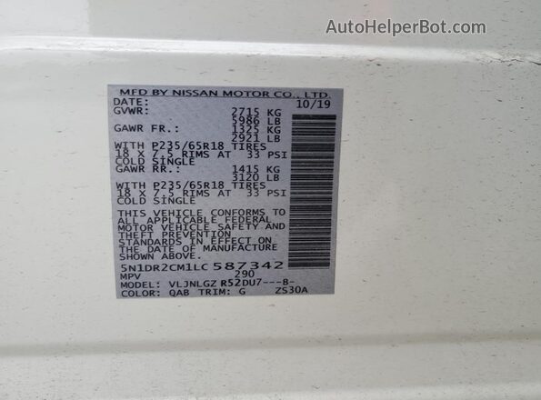 5N1DR2CM1LC587342 2020 NISSAN PATHFINDER White Vista de la etiqueta del VIN