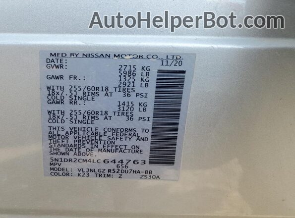 5N1DR2CM4LC644763 2020 NISSAN PATHFINDER Silver Вид наклейки з VIN-кодом
