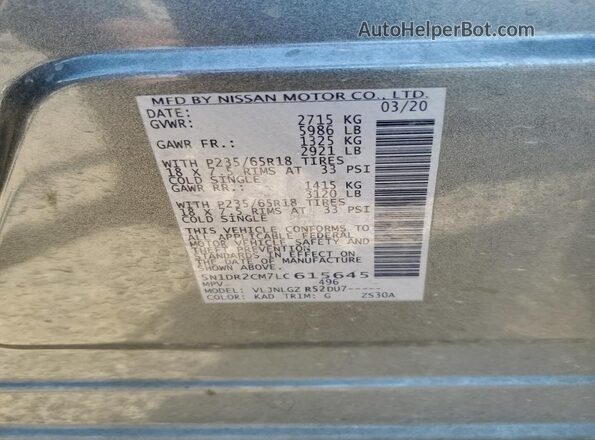 5N1DR2CM7LC615645 2020 NISSAN PATHFINDER Серый Вид наклейки с VIN-кодом