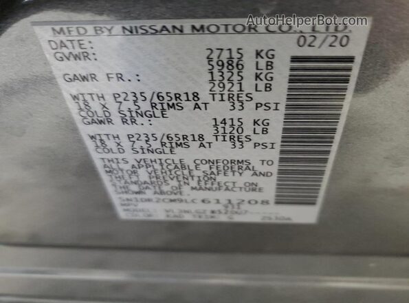 5N1DR2CM9LC611208 2020 NISSAN PATHFINDER Gray Vista de la etiqueta del VIN