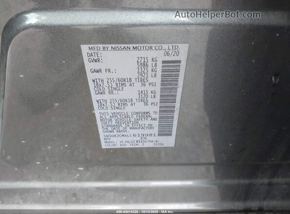 5N1DR2CMXLC619981 2020 NISSAN PATHFINDER Gray Vista del compartimento del motor