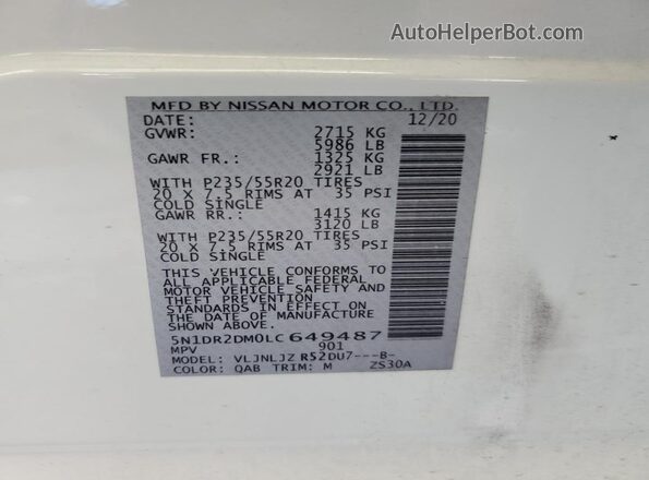 5N1DR2DM0LC649487 2020 NISSAN PATHFINDER White VIN კოდის სტიკერის ხედი