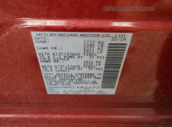 5N1DR2DM4LC585177 2020 NISSAN PATHFINDER Red Widok naklejki z numerem VIN