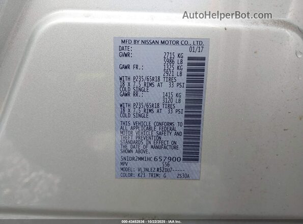5N1DR2MM1HC657900 2017 NISSAN PATHFINDER Silver Вид підкапотного простору