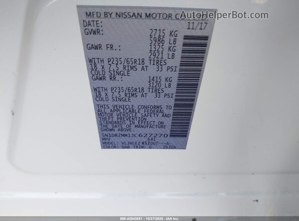 5N1DR2MM1JC627270 2018 NISSAN PATHFINDER White Engine compartment view