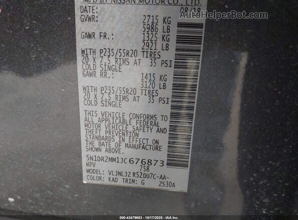 5N1DR2MM1JC676873 2018 NISSAN PATHFINDER Серый 