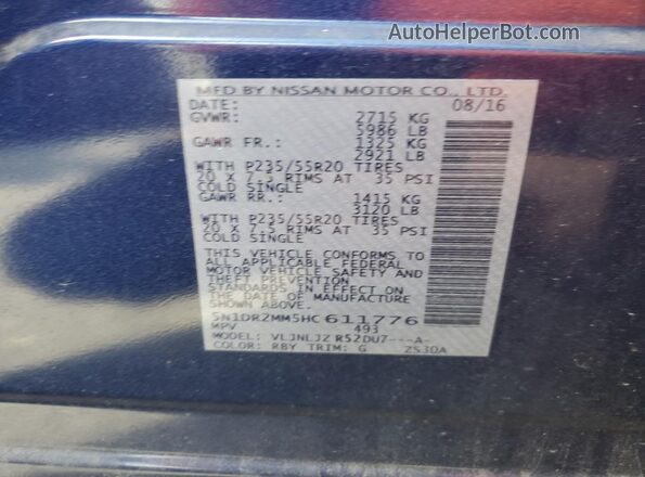 5N1DR2MM5HC611776 2017 NISSAN PATHFINDER Blue Vista de la etiqueta del VIN