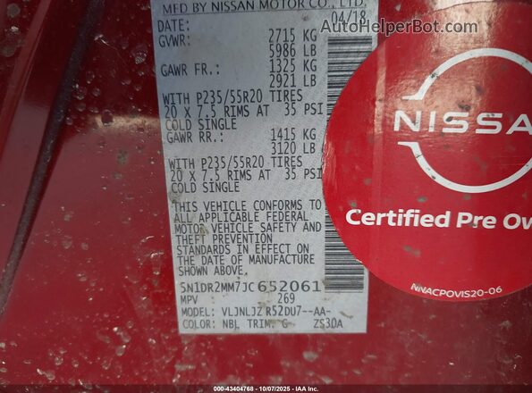 5N1DR2MM7JC652061 2018 NISSAN PATHFINDER Red Vista del compartimento del motor