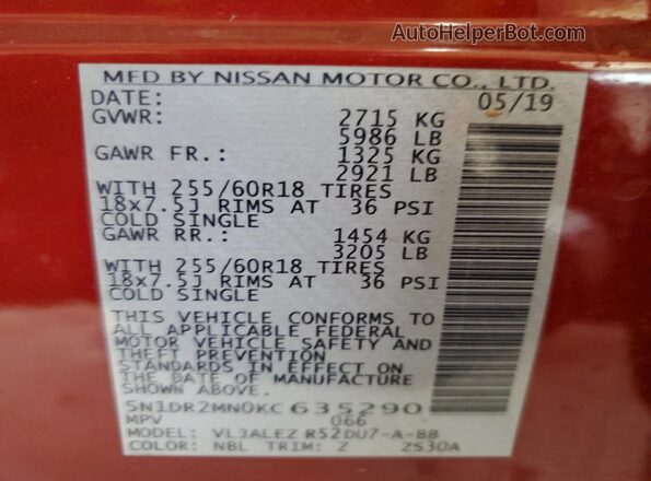 5N1DR2MN0KC635290 2019 NISSAN PATHFINDER Red VIN sticker view