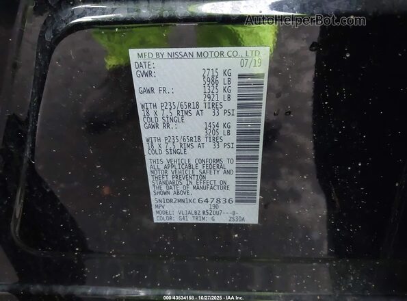 5N1DR2MN1KC647836 2019 NISSAN PATHFINDER Black Vista del compartimento del motor