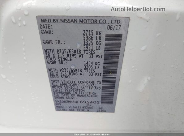 5N1DR2MN4HC695405 2017 NISSAN PATHFINDER White Շարժիչի բաժամունքի տեսք