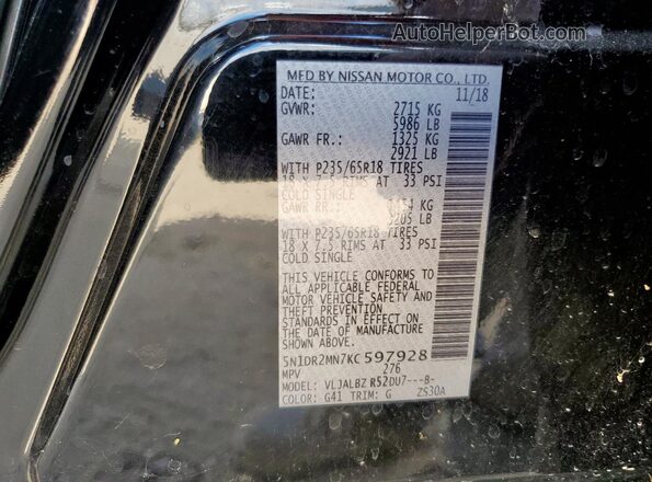 5N1DR2MN7KC597928 2019 NISSAN PATHFINDER Black VIN կոդի պիտակի տեսք