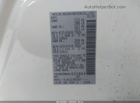 5N1DR2MNXKC632803 2019 NISSAN PATHFINDER White Вид підкапотного простору