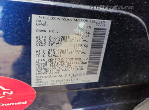 5N1DR3AA6NC211205 2022 NISSAN PATHFINDER Синий 