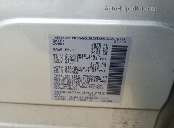 5N1DR3AC2RC292792 2024 NISSAN PATHFINDER Серебряный 