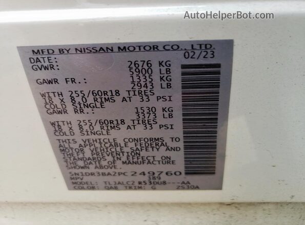 5N1DR3BA2PC249760 2023 NISSAN PATHFINDER White VIN კოდის სტიკერის ხედი