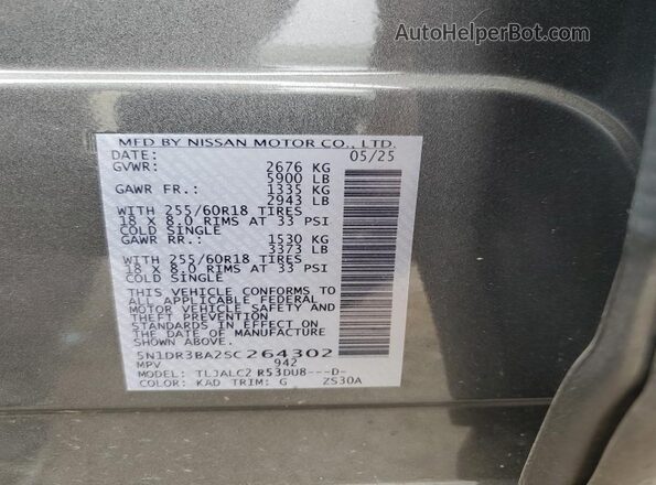 5N1DR3BA2SC264302 2025 NISSAN PATHFINDER Gray VIN sticker view