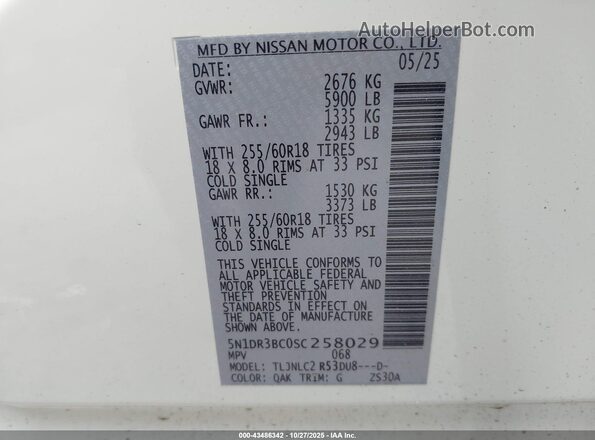 5N1DR3BC0SC258029 2025 NISSAN PATHFINDER White Շարժիչի բաժամունքի տեսք
