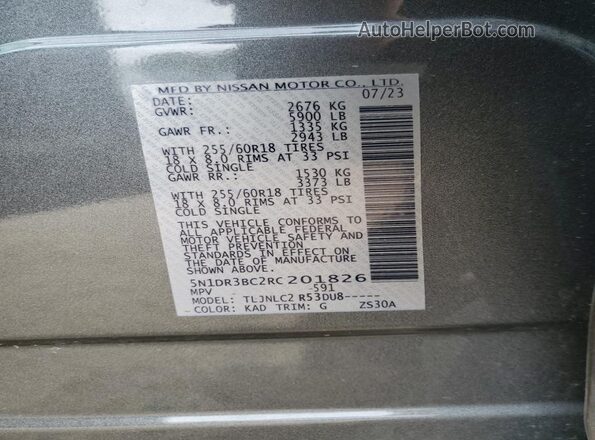 5N1DR3BC2RC201826 2024 NISSAN PATHFINDER Gray Widok naklejki z numerem VIN