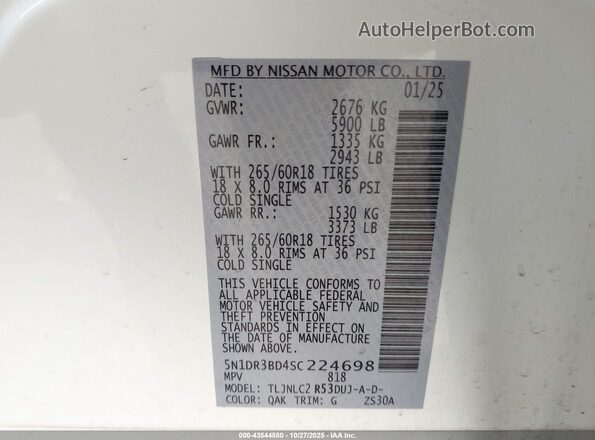 5N1DR3BD4SC224698 2025 NISSAN PATHFINDER White Вид підкапотного простору