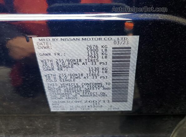 5N1DR3CC0PC260711 2023 NISSAN PATHFINDER Blue VIN sticker view