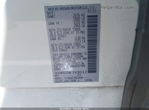 5N1DR3CC1NC269012 2022 NISSAN PATHFINDER White Widok komory silnika