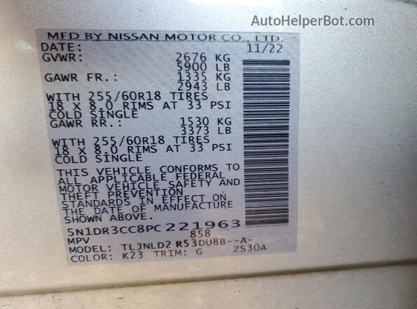 5N1DR3CC8PC221963 2023 NISSAN PATHFINDER Silver VIN կոդի պիտակի տեսք