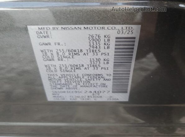 5N1DR3CC9SC244077 2025 NISSAN PATHFINDER Gray VIN კოდის სტიკერის ხედი