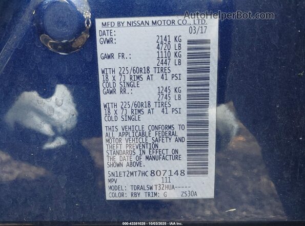 5N1ET2MT7HC807148 2017 NISSAN ROGUE HYBRID Blue Вид підкапотного простору