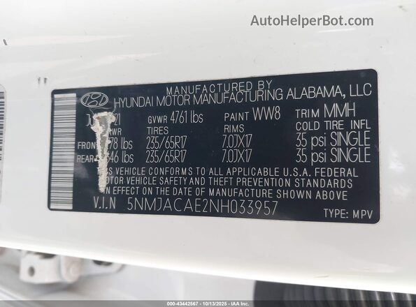 5NMJACAE2NH033957 2022 HYUNDAI TUCSON White Widok komory silnika
