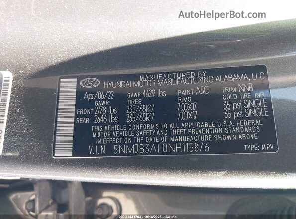 5NMJB3AE0NH115876 2022 HYUNDAI TUCSON Gray Շարժիչի բաժամունքի տեսք