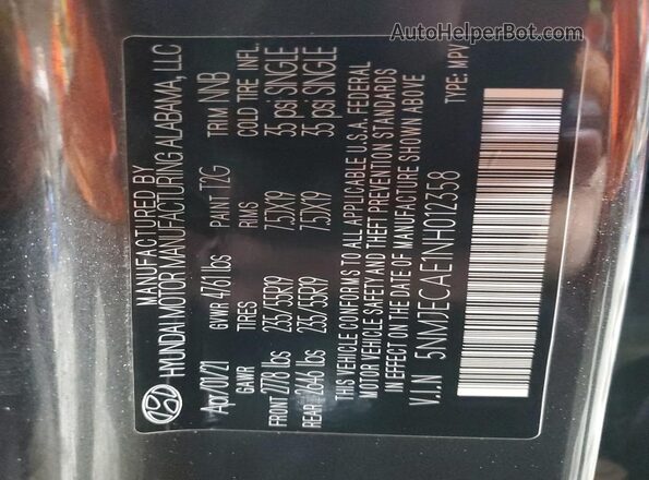 5NMJECAE1NH012358 2022 HYUNDAI TUCSON Gray Widok naklejki z numerem VIN