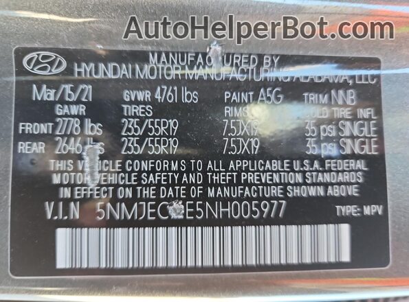 5NMJECAE5NH005977 2022 HYUNDAI TUCSON Gray Widok wnętrza 360 stopni