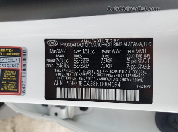 5NMJECAE8NH004094 2022 HYUNDAI TUCSON White Widok komory silnika