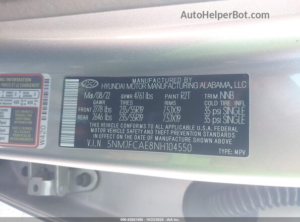 5NMJFCAE8NH104550 2022 HYUNDAI TUCSON Silver Vista del compartimento del motor