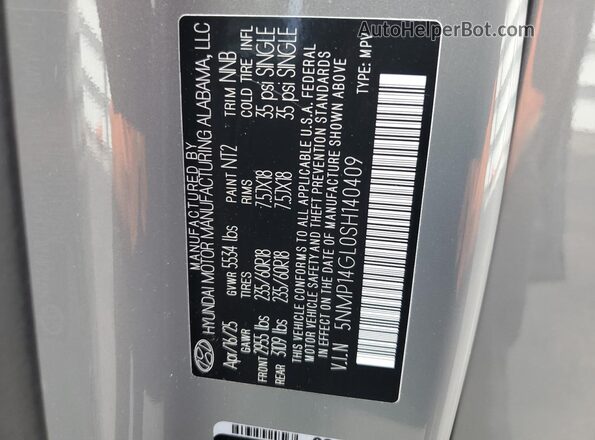 5NMP14GL0SH140409 2025 HYUNDAI SANTA Gray VIN կոդի պիտակի տեսք
