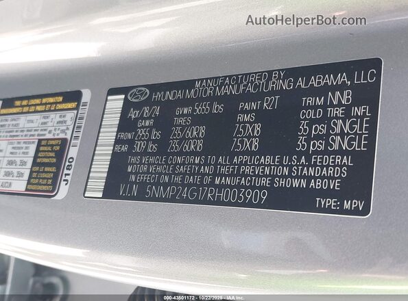 5NMP24G17RH003909 2024 HYUNDAI SANTA FE HYBRID Silver Engine compartment view