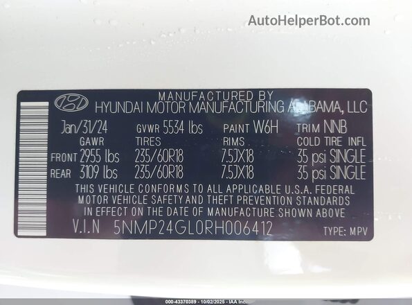 5NMP24GL0RH006412 2024 HYUNDAI SANTA FE White Engine compartment view