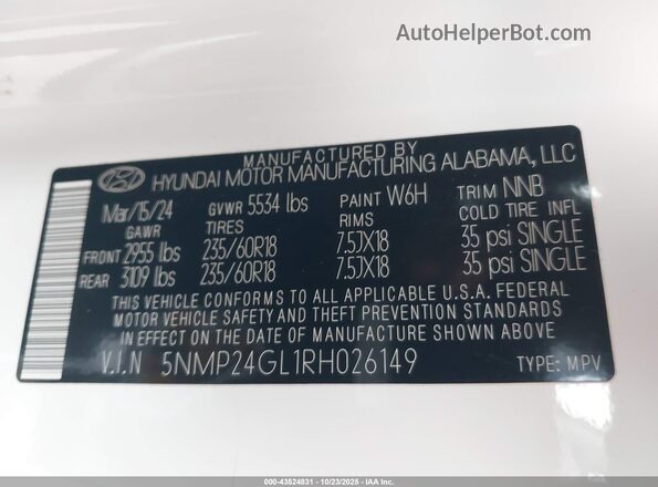 5NMP24GL1RH026149 2024 HYUNDAI SANTA FE White ძრავის განყოფილების ხედი
