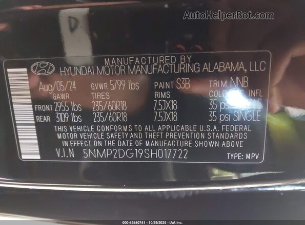 5NMP2DG19SH017722 2025 HYUNDAI SANTA FE HYBRID Black Vista del compartimento del motor