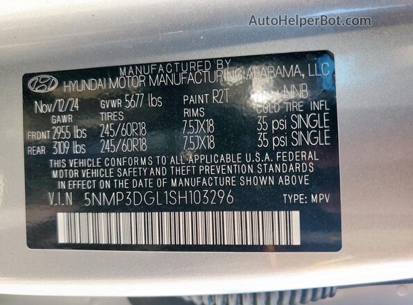 5NMP3DGL1SH103296 2025 HYUNDAI SANTA Silver VIN კოდის სტიკერის ხედი