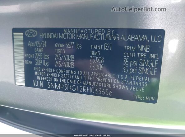 5NMP3DGL2RH033656 2024 HYUNDAI SANTA FE Silver Vista del compartimento del motor
