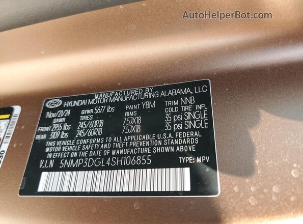 5NMP3DGL4SH106855 2025 HYUNDAI SANTA Brown VIN კოდის სტიკერის ხედი