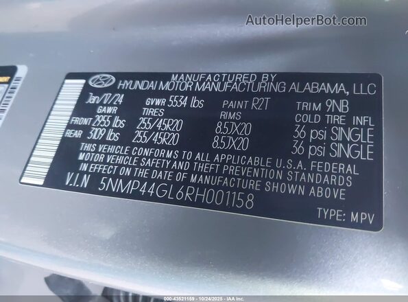 5NMP44GL6RH001158 2024 HYUNDAI SANTA FE Silver Vista del compartimento del motor