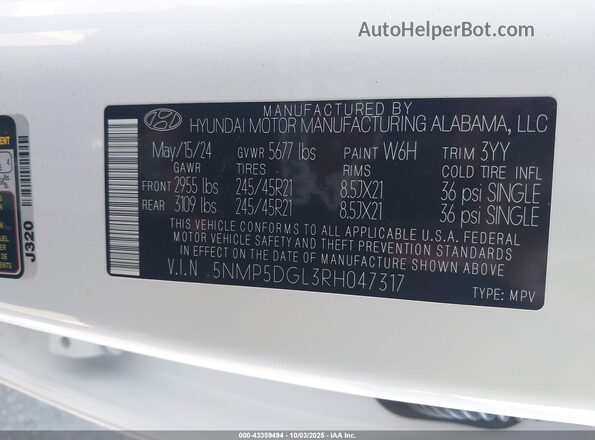 5NMP5DGL3RH047317 2024 HYUNDAI SANTA FE CALLIGRAPHY White Շարժիչի բաժամունքի տեսք