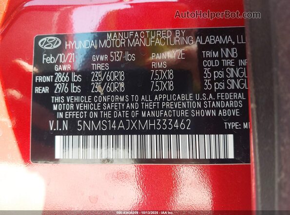 5NMS14AJXMH333462 2021 HYUNDAI SANTA FE Red Widok komory silnika