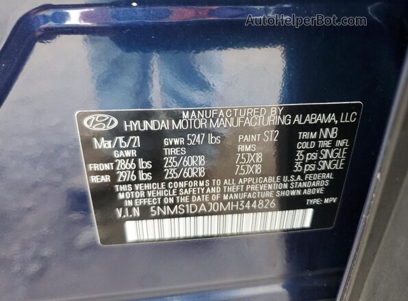 5NMS1DAJ0MH344826 2021 HYUNDAI SANTA Blue Vista de la etiqueta del VIN