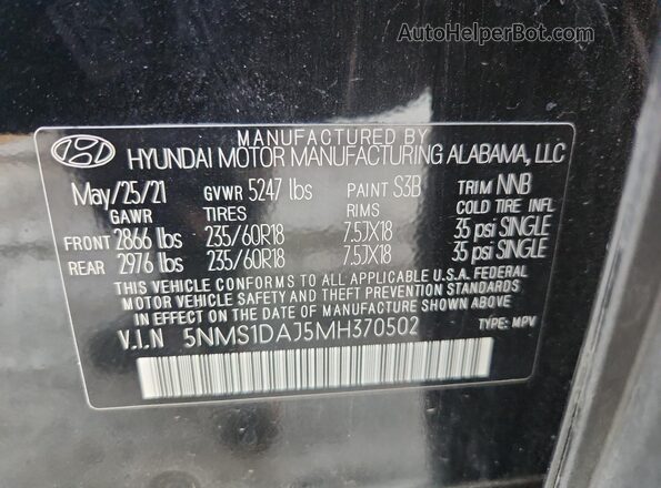 5NMS1DAJ5MH370502 2021 HYUNDAI SANTA Black Вид наклейки з VIN-кодом